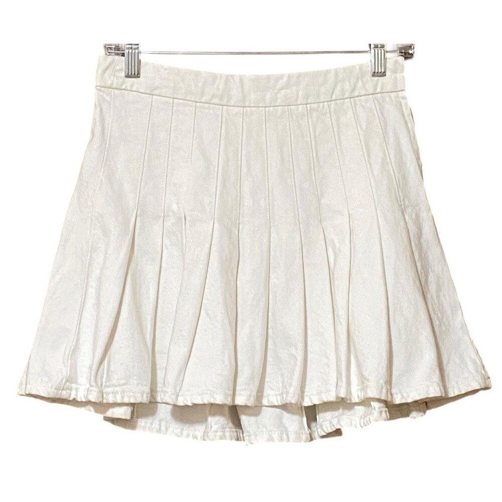 FRAME Pleated Denim Mini Skirt Women's 26 Ecru 100% Cotton Side Zip NWT